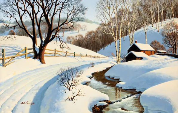 Картинка зима, дорога, деревья, дом, река, ручей, береза, живопись
