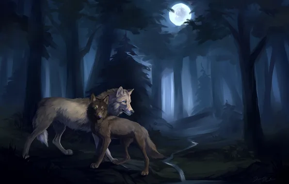 Картинка лес, ручей, луна, пара, волки