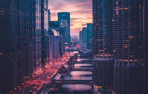 Картинка город, движение, небоскребы, Чикаго, USA, США, мосты, Chicago