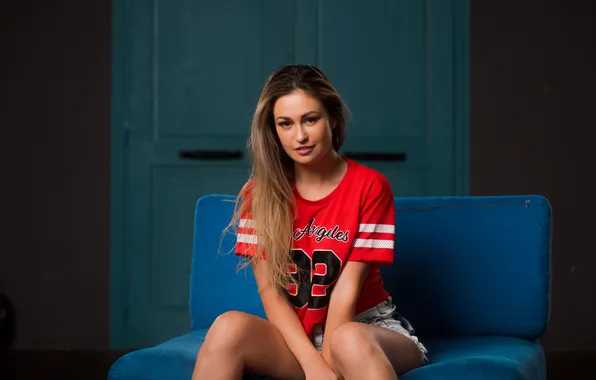 Long hair, model, women, brunette, smiling, sitting, couch, portrait
