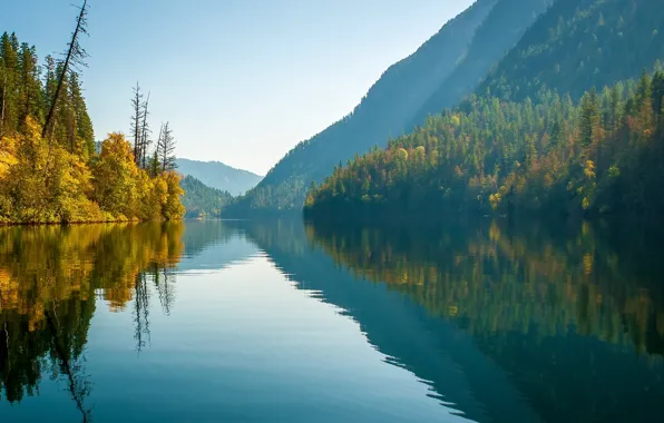Осень, лес, горы, озеро, отражение, Канада, Canada, British Columbia