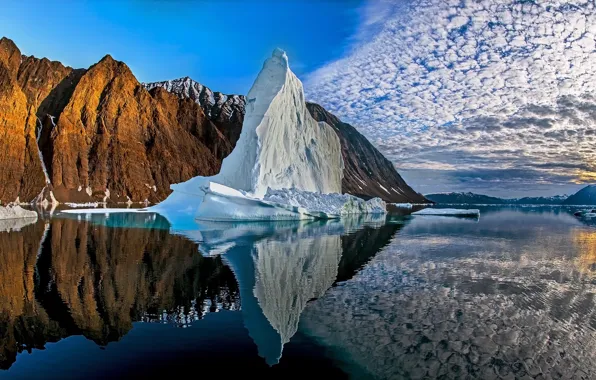 Облака, отражение, скалы, айсберг, Гренландия, West Greenland
