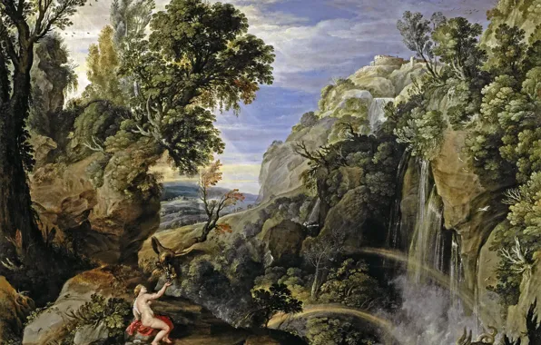 Деревья, скала, водопад, картина, мифология, Пауль Бриль, Пейзаж с Психеей и Юпитером