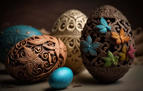 Бабочки, праздник, узор, голубое, яйца, весна, Пасха, коричневые