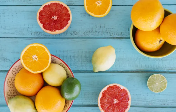 Цитрус, фрукты, Blue, wood, Colorful, background, citrus, Fruits