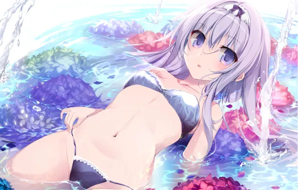 Girl, sexy, cleavage, long hair, boobs, anime, water, flowers