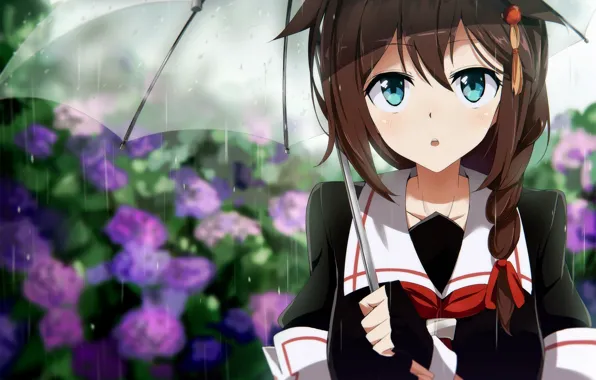 Картинка девушка, цветы, дождь, зонт, аниме, арт, tomato, kantai collection