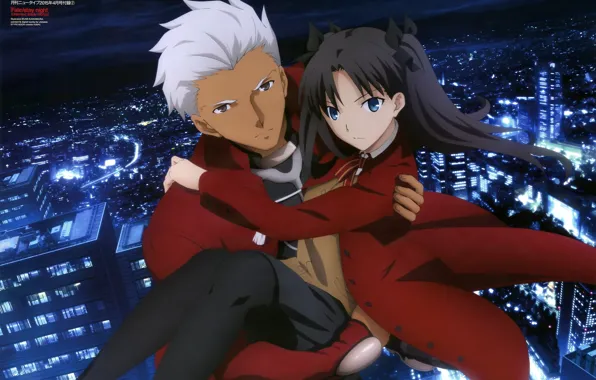 Девушка, ночь, парень, Рин, Арчер, Судьба ночь схватки, Fate / Stay Night
