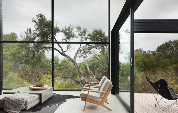 Картинка интерьер, окно, кресла, плед, столик, ковры, природа.деревья