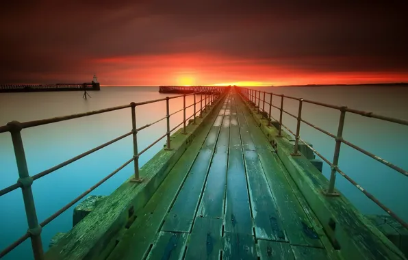 Картинка twilight, sea, landscape, sunset, water, sunlight, harbor, Pier