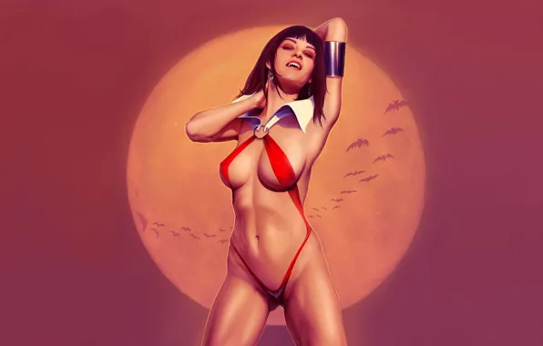 Девушка, луна, минимализм, клыки, вампир, бикини, летучие мыши, Vampirella
