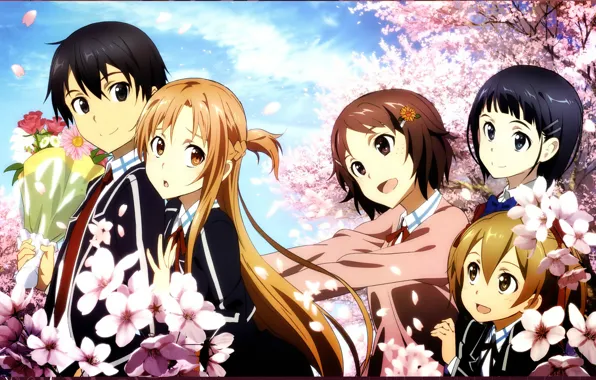Букет, сакура, форма, цветение, art, подруги, sword art online, kirito