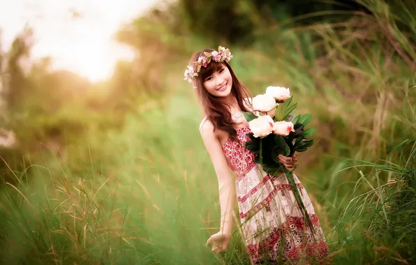 Картинка лето, девушка, цветы, азиатка