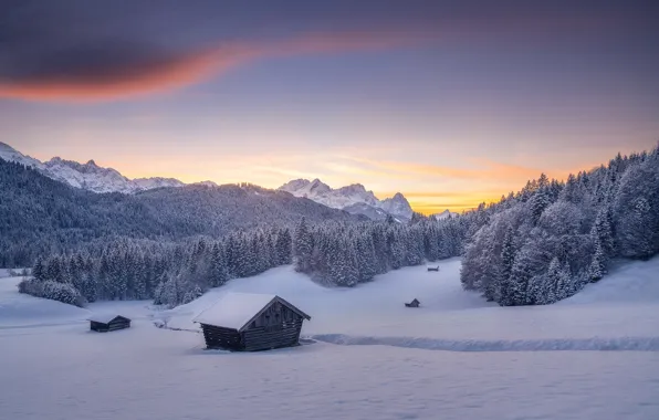 Зима, лес, снег, закат, горы, Германия, Бавария, домики