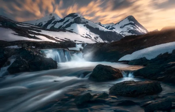 Снег, горы, река, камни, водопад, Норвегия, Norway, Ютунхеймен