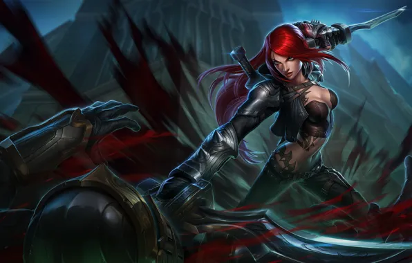Девушка, кровь, красота, меч, рыжая, art, lol, katarina
