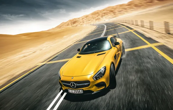 Картинка Mercedes-Benz, Front, AMG, Yellow, Road, Supercar, Desert, Drifting