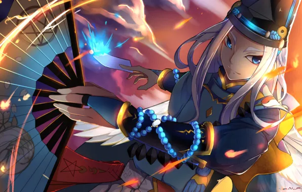Взгляд, игра, аниме, веер, арт, парень, Onmyouji, Abe no Seimei