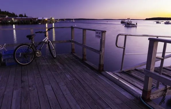 Картинка закат, велосипед, пристань, бухта, пирс