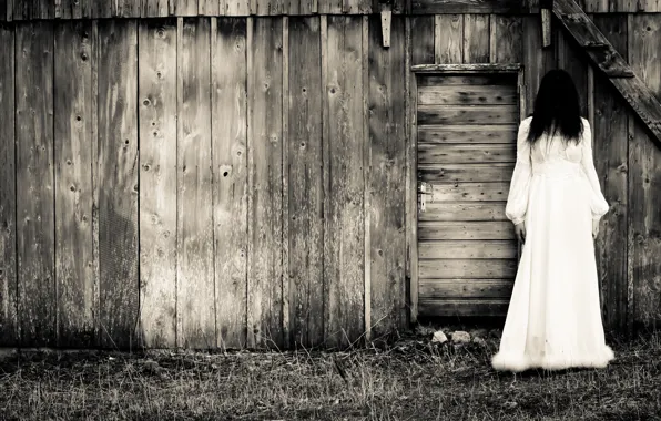 Картинка dark, woman, barn, white dress, terror
