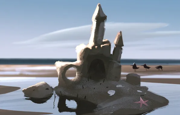 Картинка песок, вода, птицы, замок, арт, морская звезда