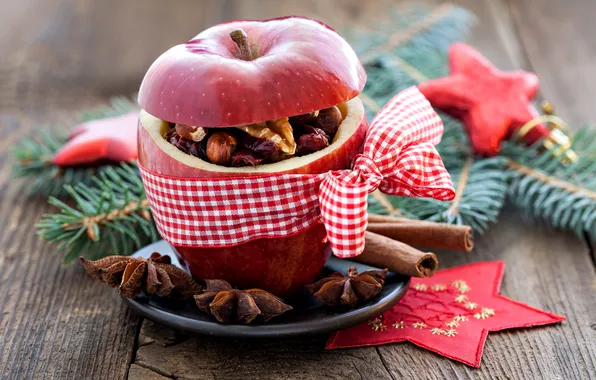 Ветки, красное, яблоко, ель, Рождество, орехи, корица, бант