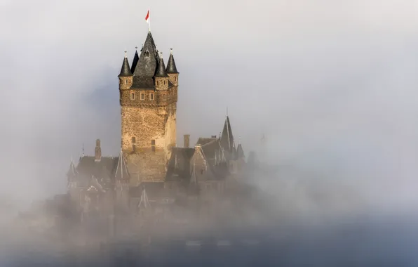 Город, туман, замок, Германия, Germany, fog, mist, Кохем