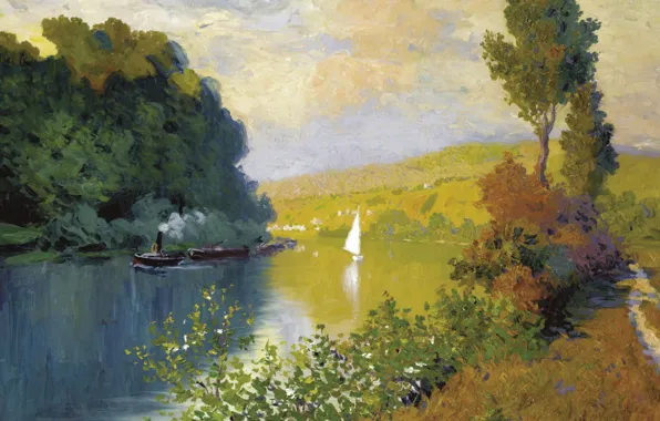Пейзаж, пароход, парус, Морис Шабас, БЕРЕГ РЕКИ, Maurice Chabas