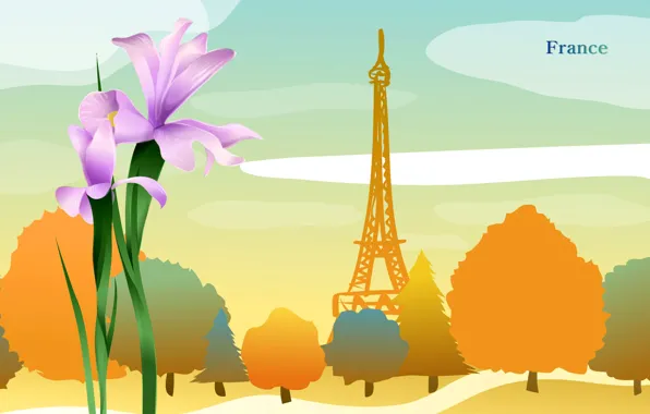 Осень, деревья, цветы, город, путешествия, Франция, башня, туризм
