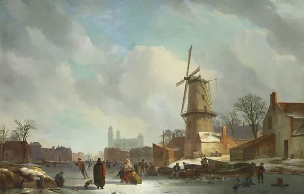 Картинка зима, пейзаж, картина, ветряная мельница, Развлечения на Льду на Городском Канале, Абрахам Йоханнес Кувенберг