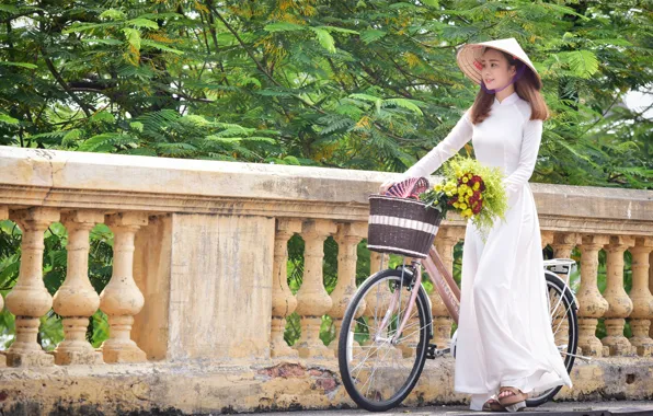 Девушка, цветы, велосипед, букет, прогулка, азиатка