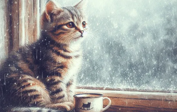 Кошка, взгляд, стекло, поза, котенок, дождь, рисунок, окно