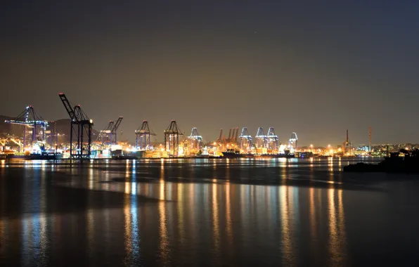Light, sea, water, night, port, Greece, piraeus