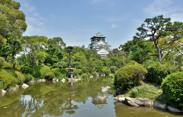 Картинка Япония, Пруд, Замок, Japan, Osaka, Осака, Pond, Osaka Castle