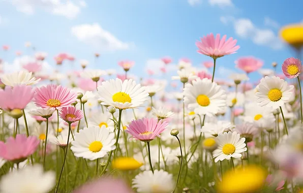 Картинка поле, цветы, ромашки, весна, sunshine, цветение, blossom, flowers