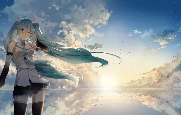 Небо, девушка, облака, рассвет, утро, лепестки, vocaloid, hatsune miku