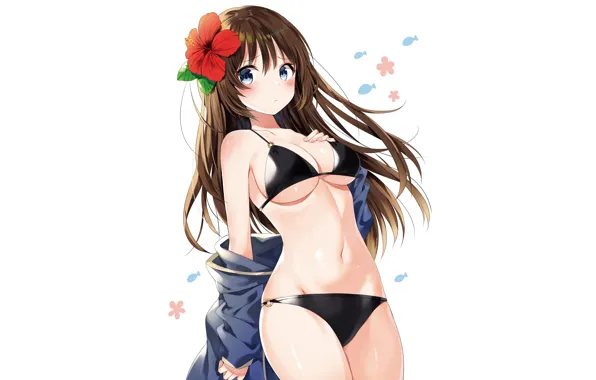 Girl, sexy, cleavage, long hair, brown hair, boobs, anime, beautiful