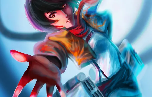 Картинка взгляд, девушка, рука, аниме, арт, Mikasa Ackerman, Атака Титанов