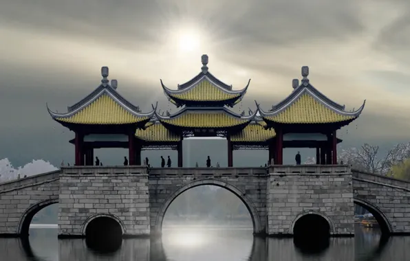 River, sunset, china, castle