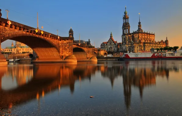Закат, мост, река, здания, Германия, архитектура, Dresden