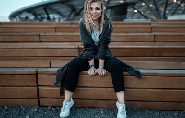 Girl, Sky, Smile, Eyes, Blond, Sight