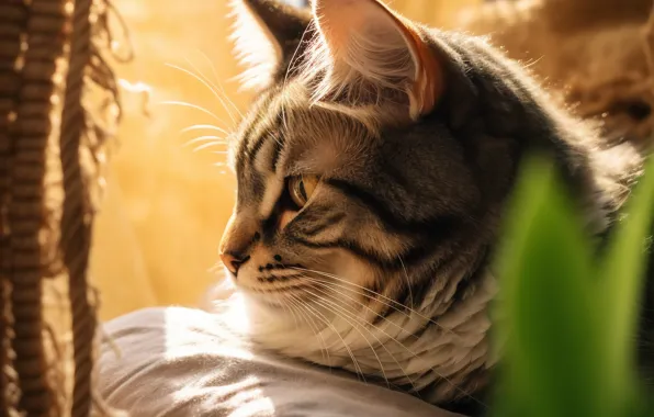 Кошка, взгляд, листья, свет, поза, котенок, лежит, подушка