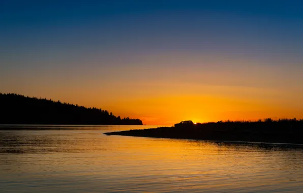 Sunset, lake, island