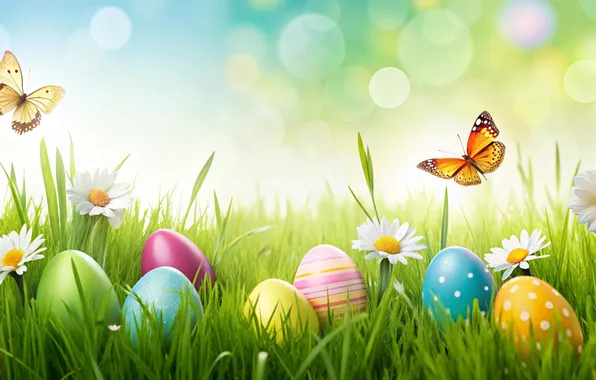 Картинка цветы, яйца, весна, colorful, Пасха, happy, flowers, spring