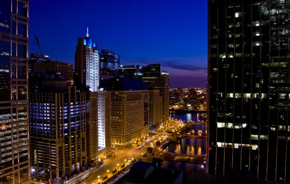 Картинка ночь, огни, небоскребы, чикаго, Chicago