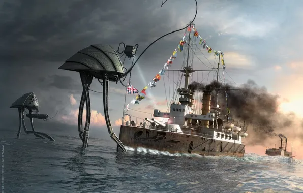 Картинка ocean, war, water, flags, robots, ships, machines, cyborgs