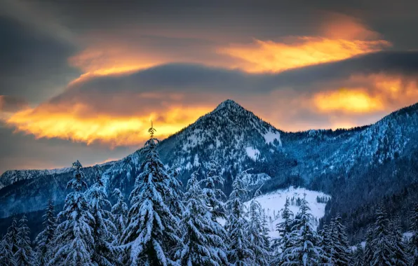 Картинка зима, закат, горы