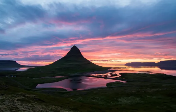 Гора, утро, долина, Исландия, Kirkjufell