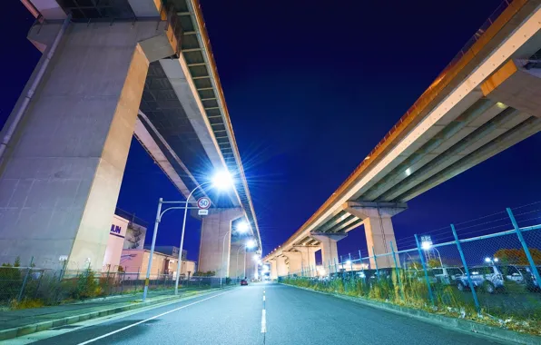 Дорога, машины, ночь, япония, фонари, мосты, japan, Nagoya