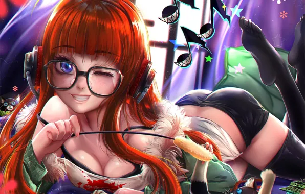 Кот, девушка, улыбка, игра, аниме, арт, Persona 5, Персона 5